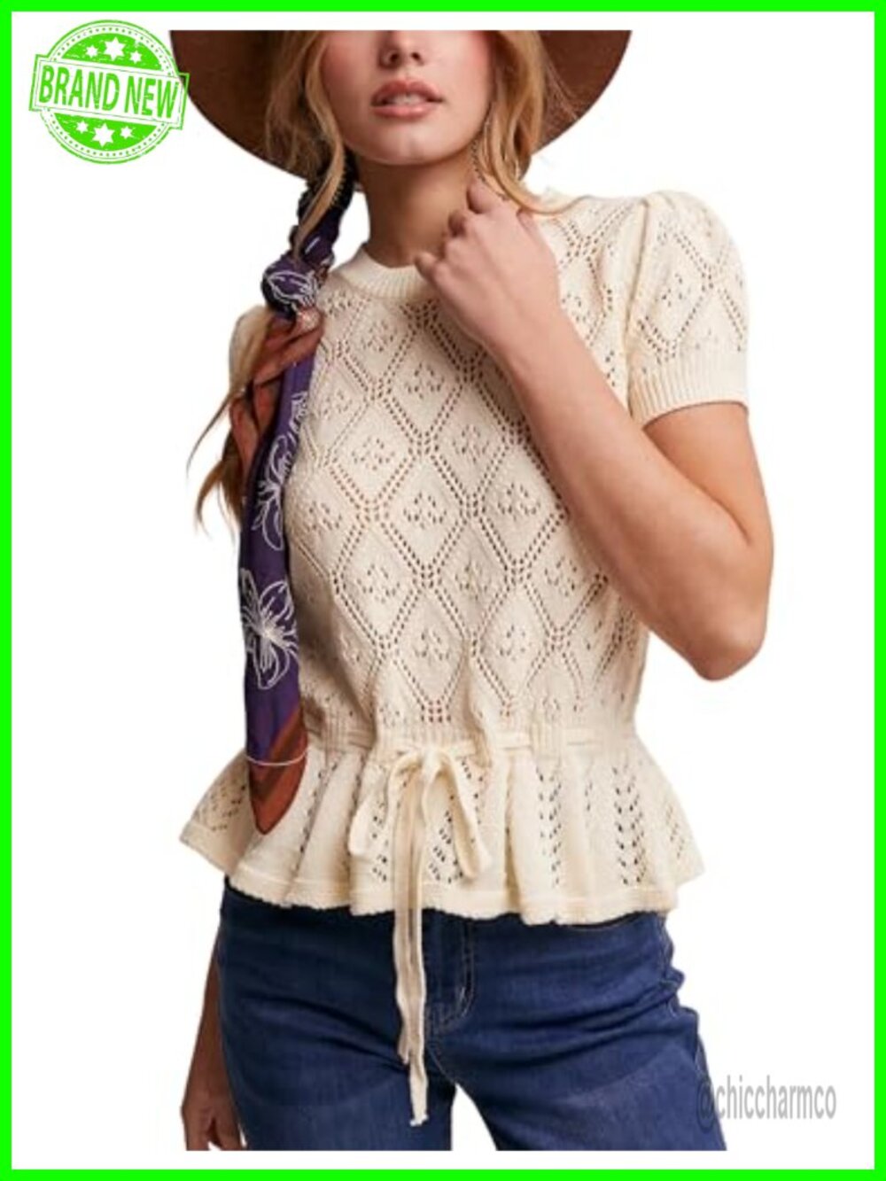 Crochet Knit Peplum Top Short Sleeve Tie Front Hollow Out Sweater
